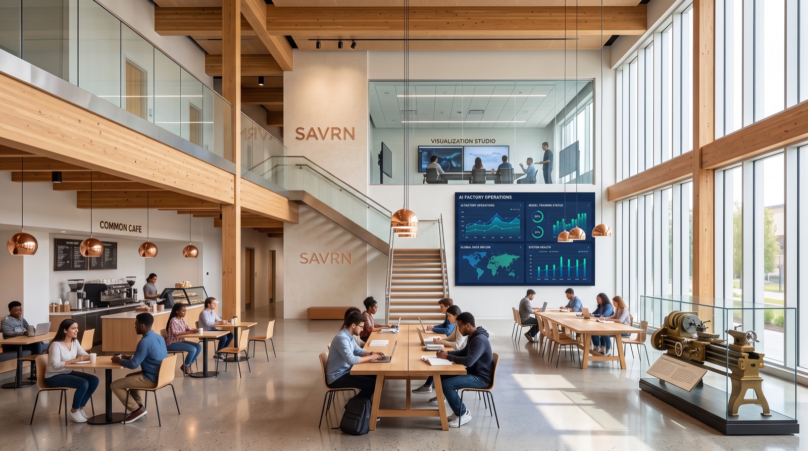 Double-height SAVRN Commons concept — café seating, communal study tables, AI-factory operations wall, and mezzanine visualization studio overlook
