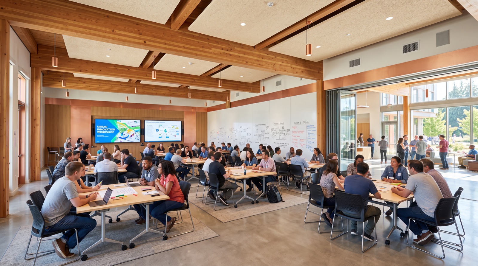 Community learning and event hall concept in workshop mode with mobile tables and an operable partition open to the Commons
