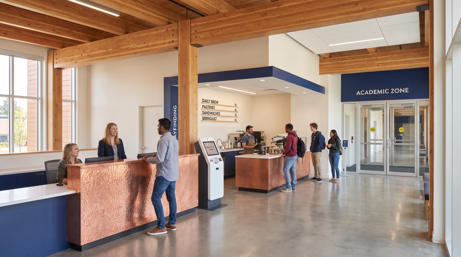 Reception and access-control desk in copper millwork beside the community café at the public entrance of the SAVRN Institute concept