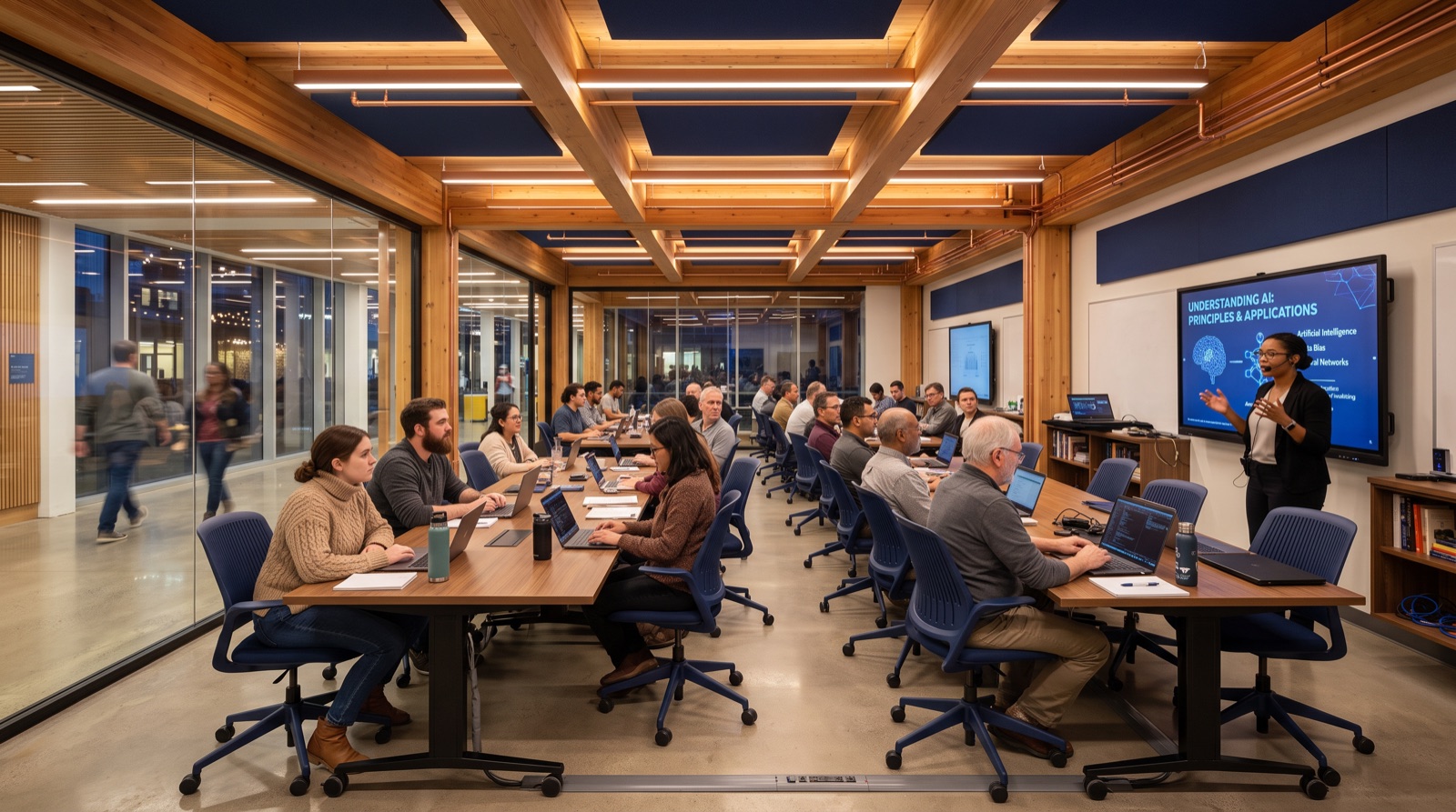 Community technology lab concept — evening AI-literacy class at powered tables behind teaching glazing