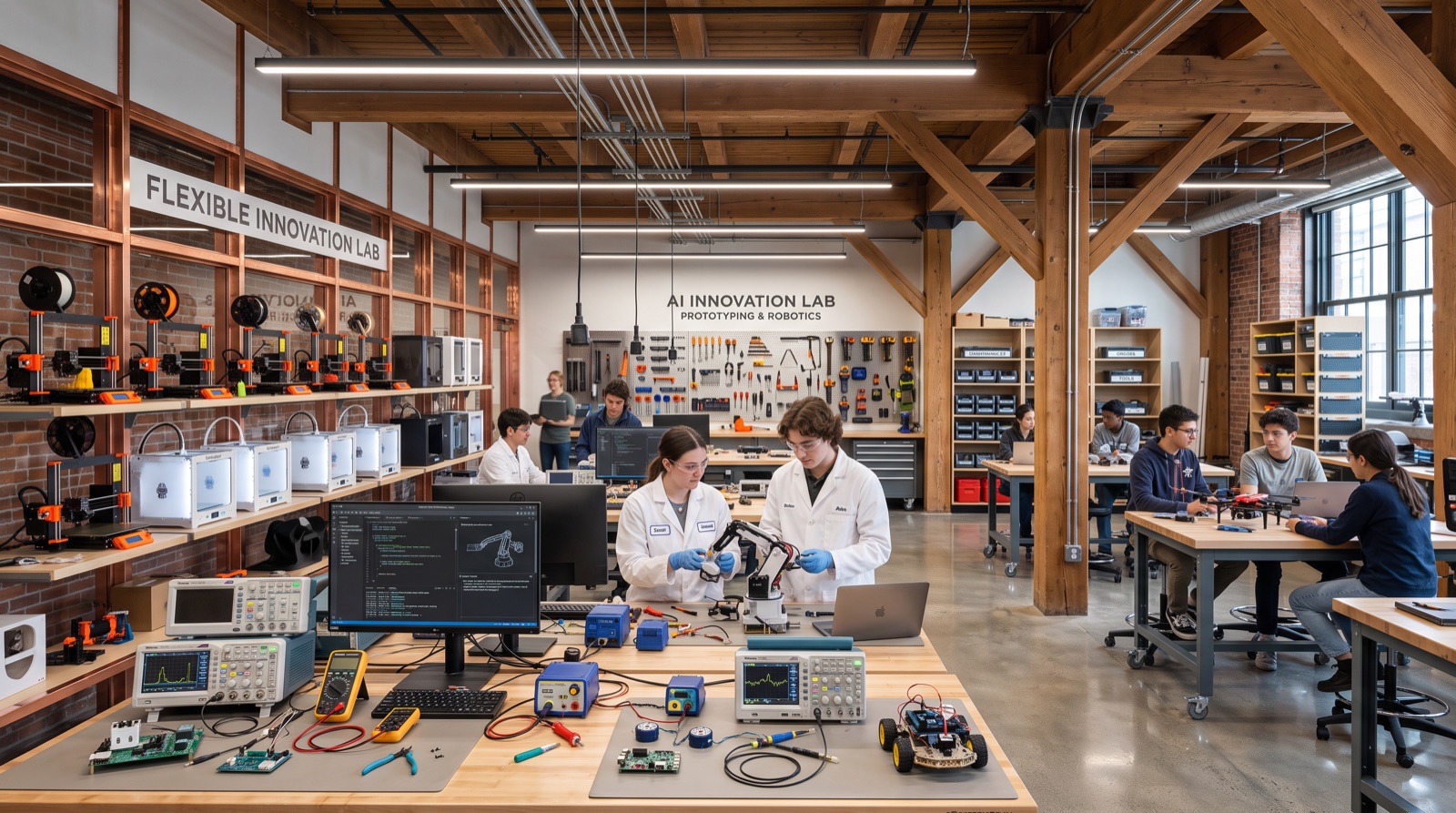 Maker and innovation lab concept with 3D printers, electronics workbenches, and robotics projects