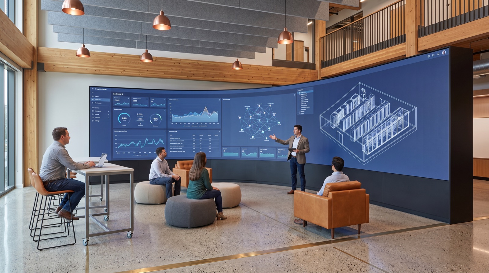 Digital visualization studio concept — curved LED wall showing an AI-factory digital twin, overlooking the Commons