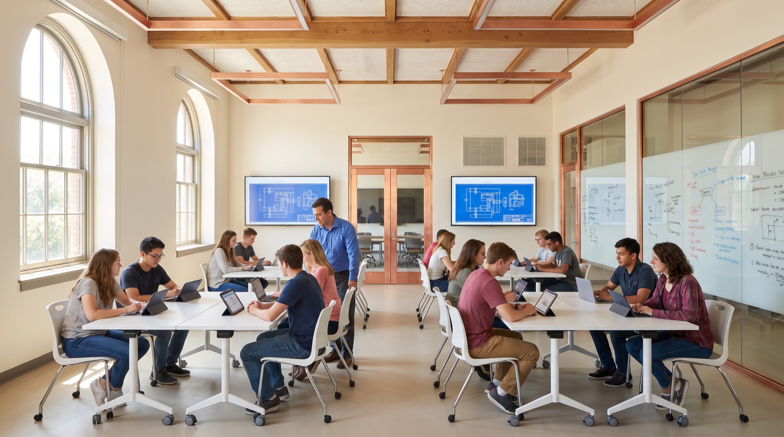 Flexible technical classroom concept — 24 students in team pods with dual displays and writable walls