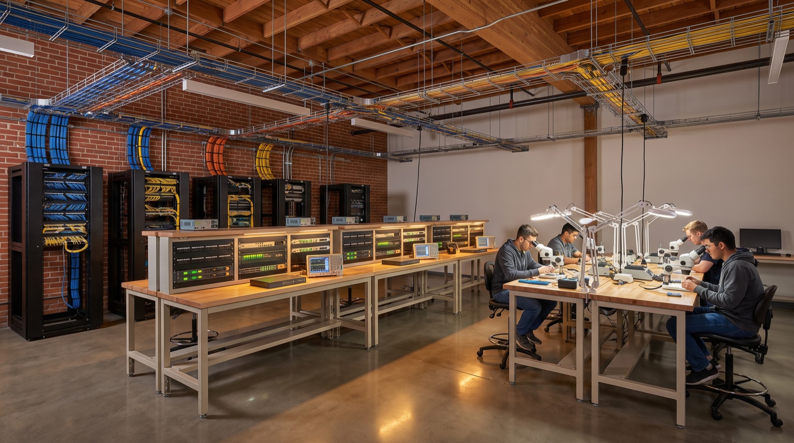 Network engineering and fiber-optics lab concept with team benches, patch racks, and fiber splicing stations