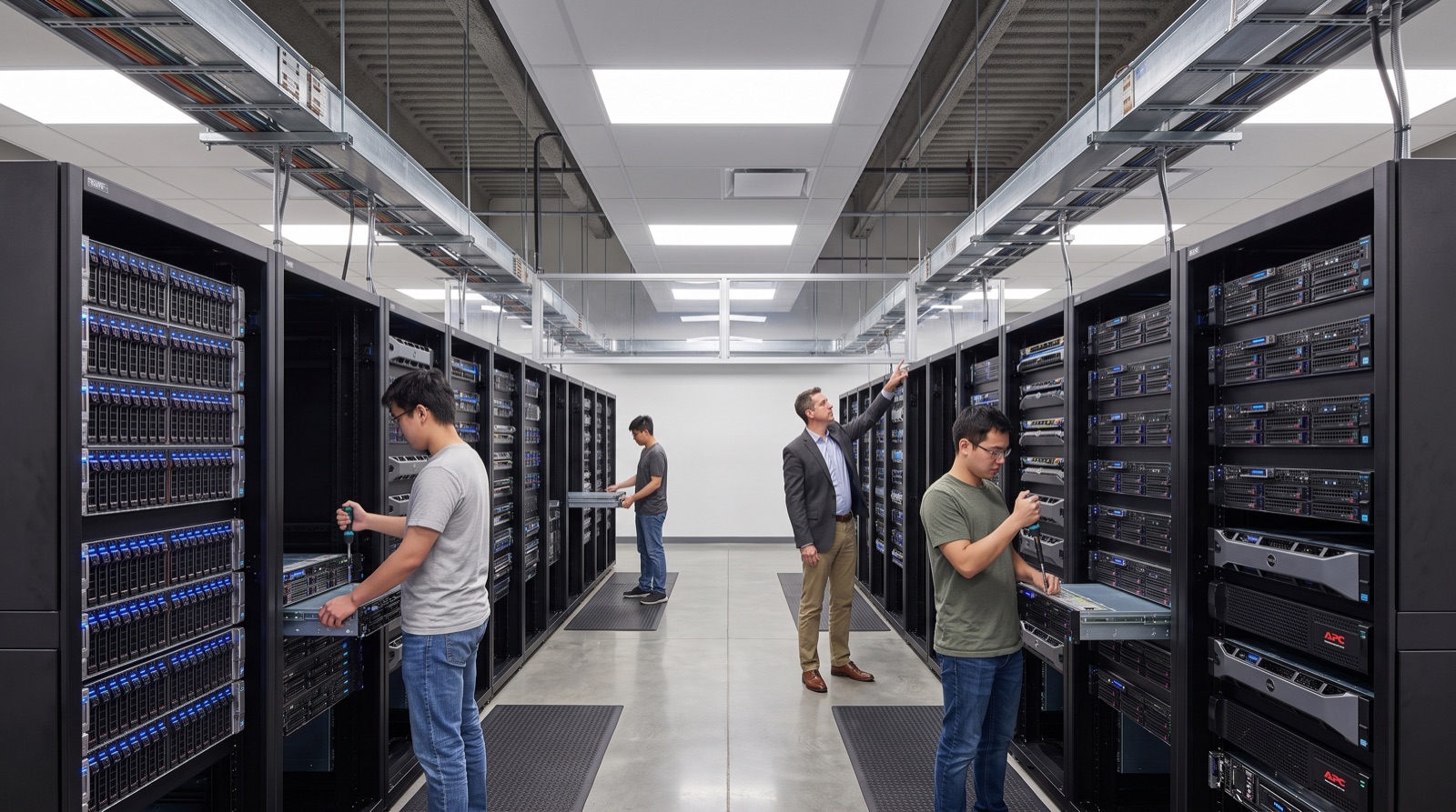 Server hardware and GPU systems training lab concept with open rack bays for rack-and-stack training