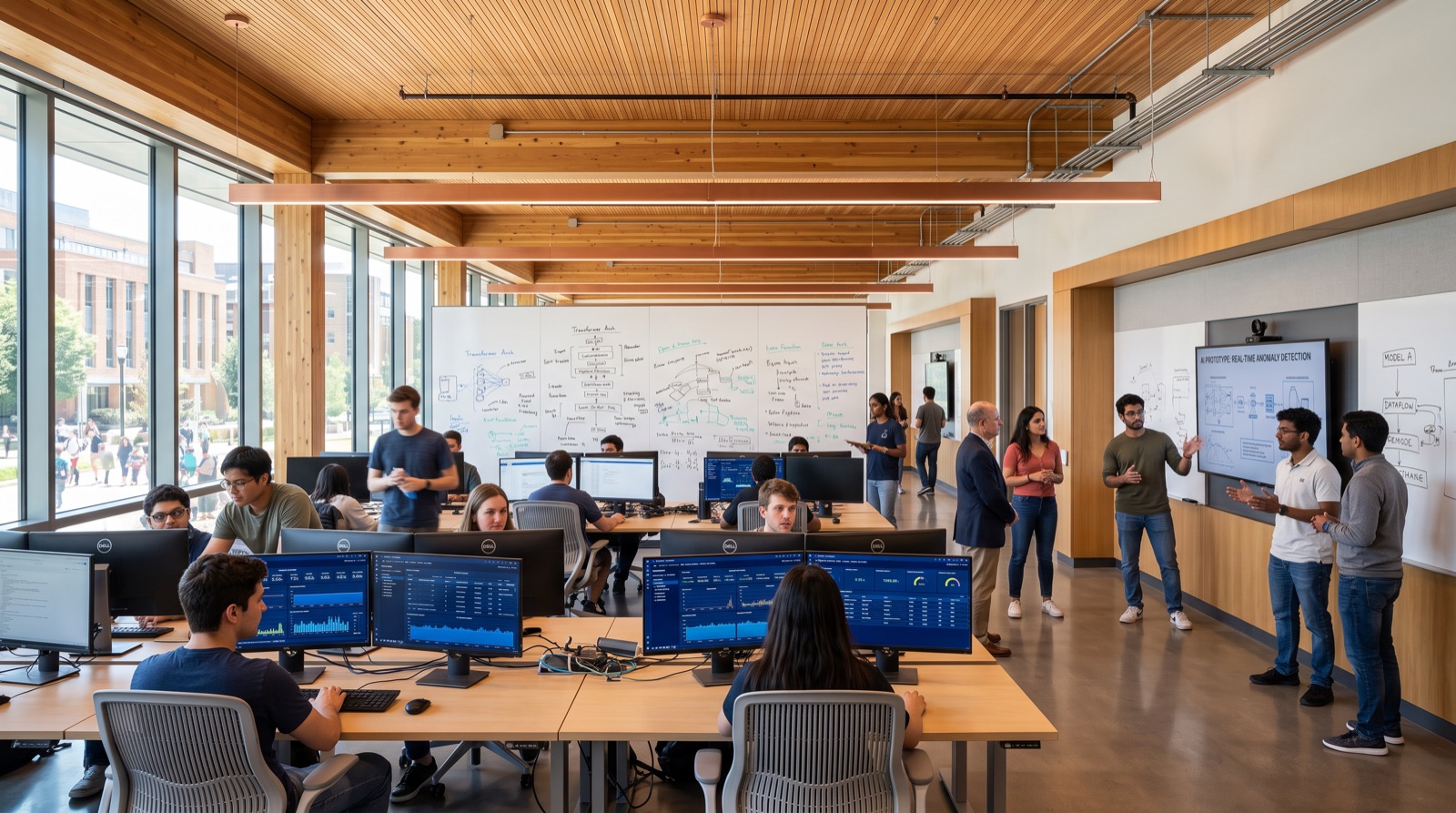 Applied AI compute studio and capstone lab concept with cluster telemetry workstations and project huddle walls