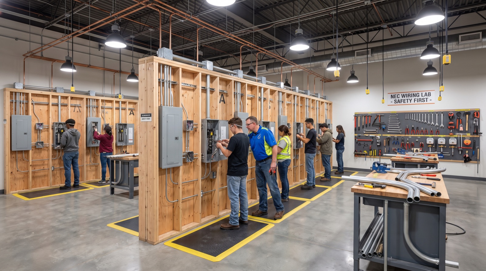 Low-voltage electrical training lab concept with NEC wiring bays and conduit-bending stations