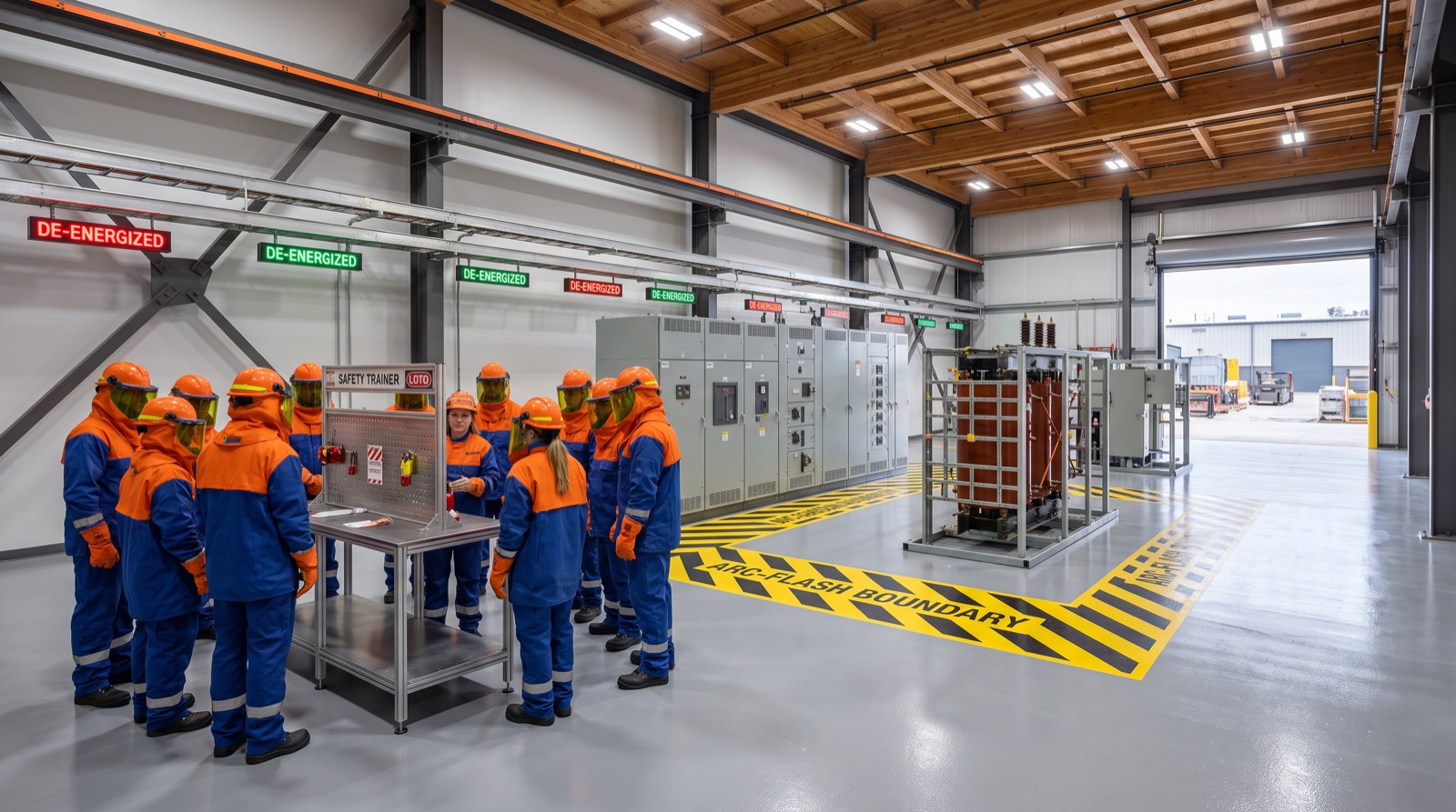 Medium-voltage power systems training lab concept — switchgear lineup behind arc-flash boundary markings with students in PPE