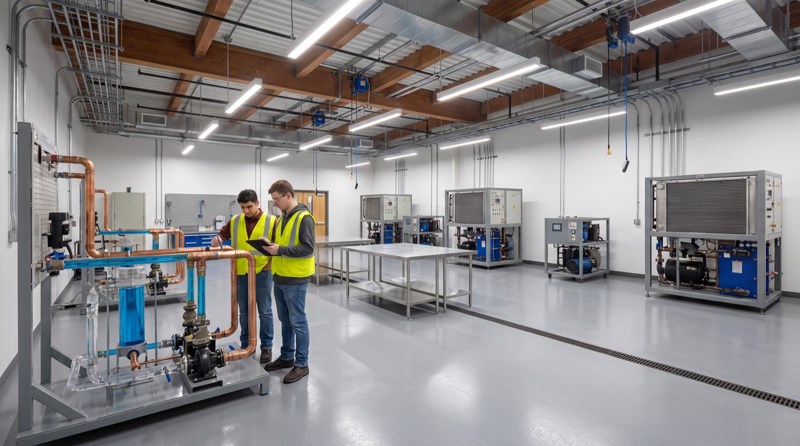 Mechanical and liquid-cooling lab concept with coolant distribution units and pump-skid trainers on a wet-lab floor