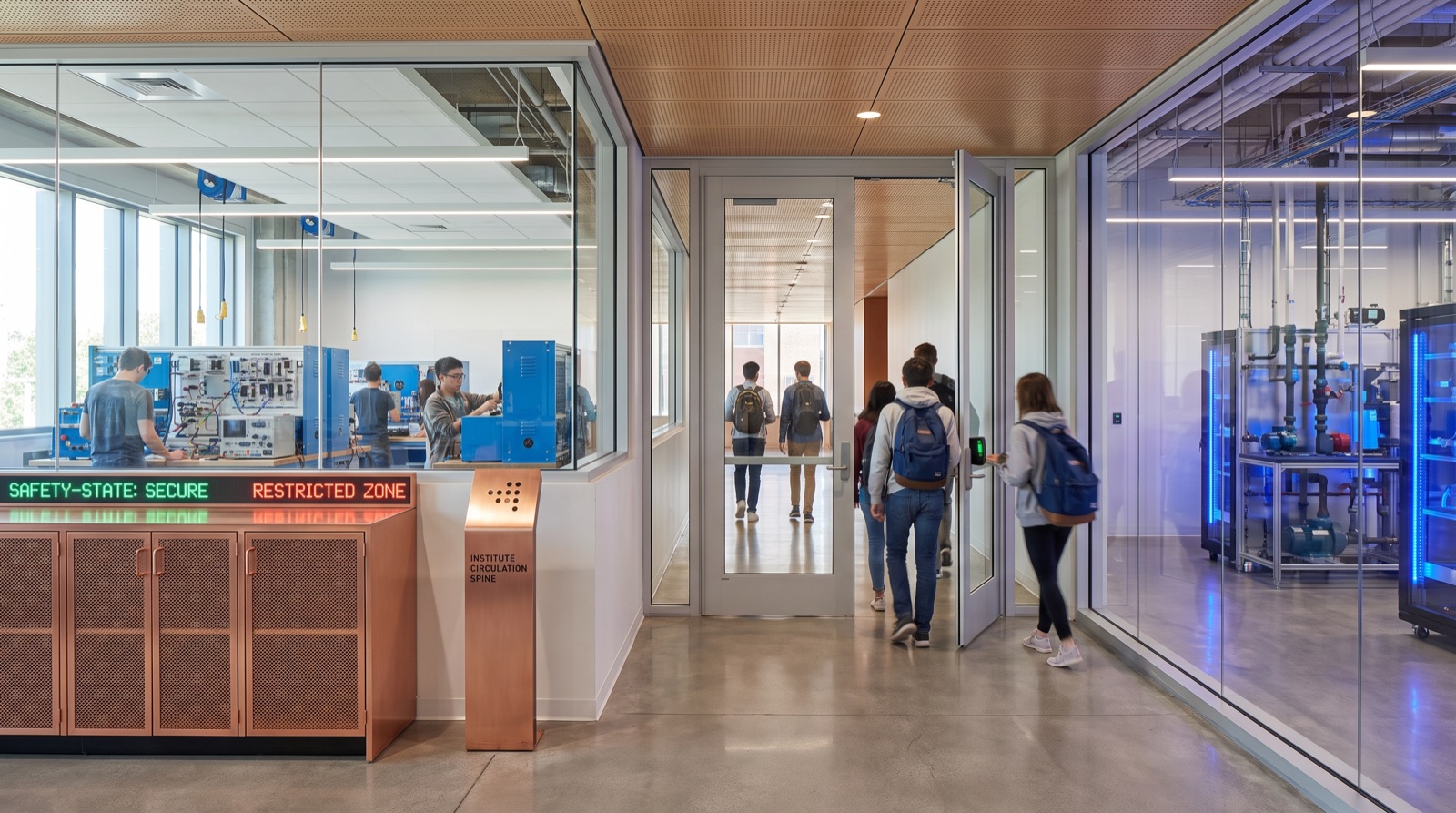 PPE transition and restricted-zone threshold concept — copper lockers, safety-state displays, and teaching glazing into the technical labs
