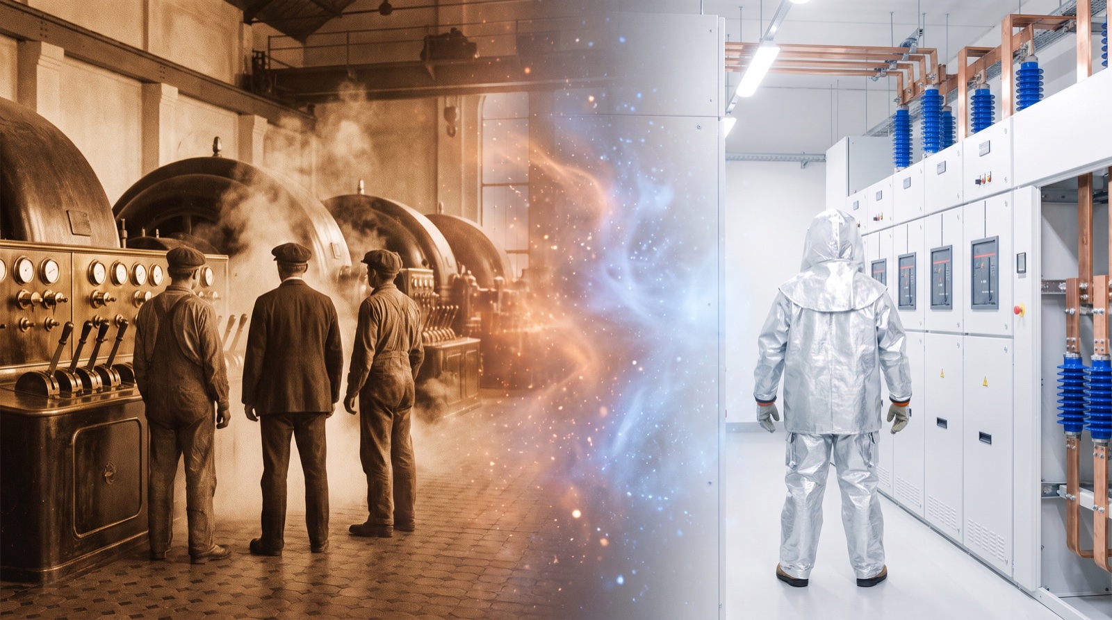 Electrical Systems — Medium Voltage at the SAVRN Institute &mdash; historic electrical systems — medium voltage craft dissolving into its modern AI-factory equivalent