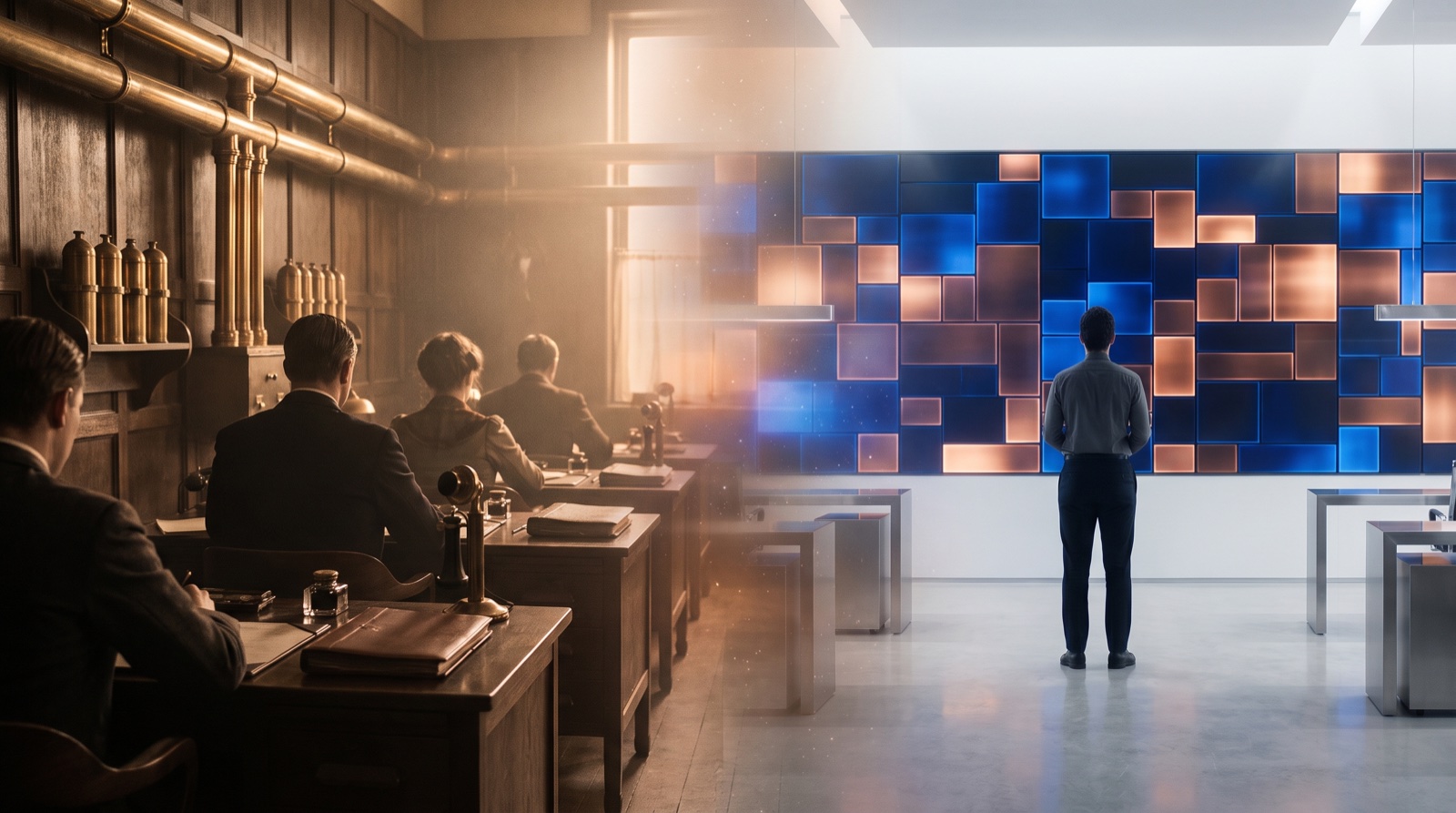 Service Delivery & Business Operations at the SAVRN Institute — historic service delivery & business operations craft dissolving into its modern AI-factory equivalent