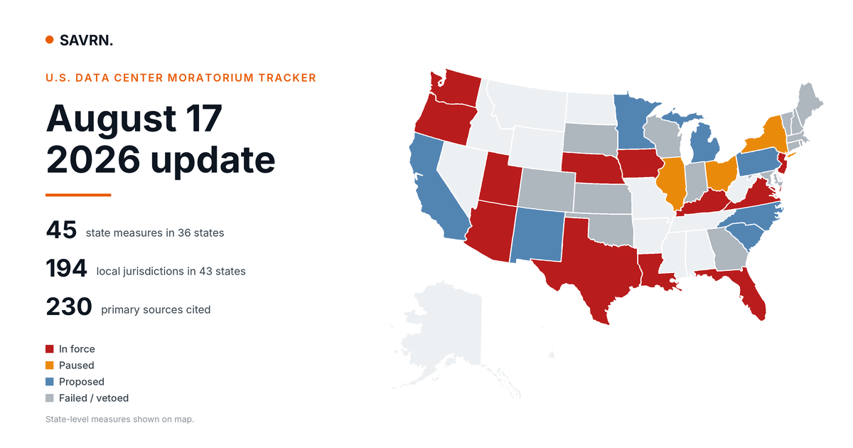 Data Center Moratorium Tracker Update: August 17, 2026