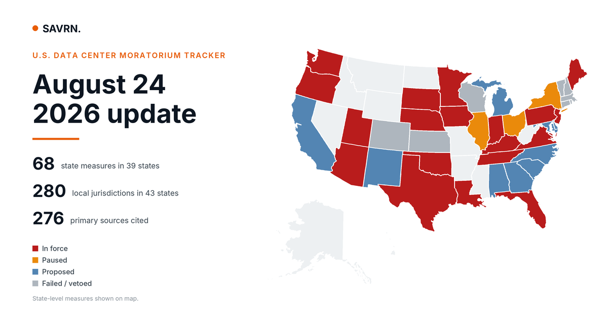 Data Center Moratorium Tracker Update: August 24, 2026