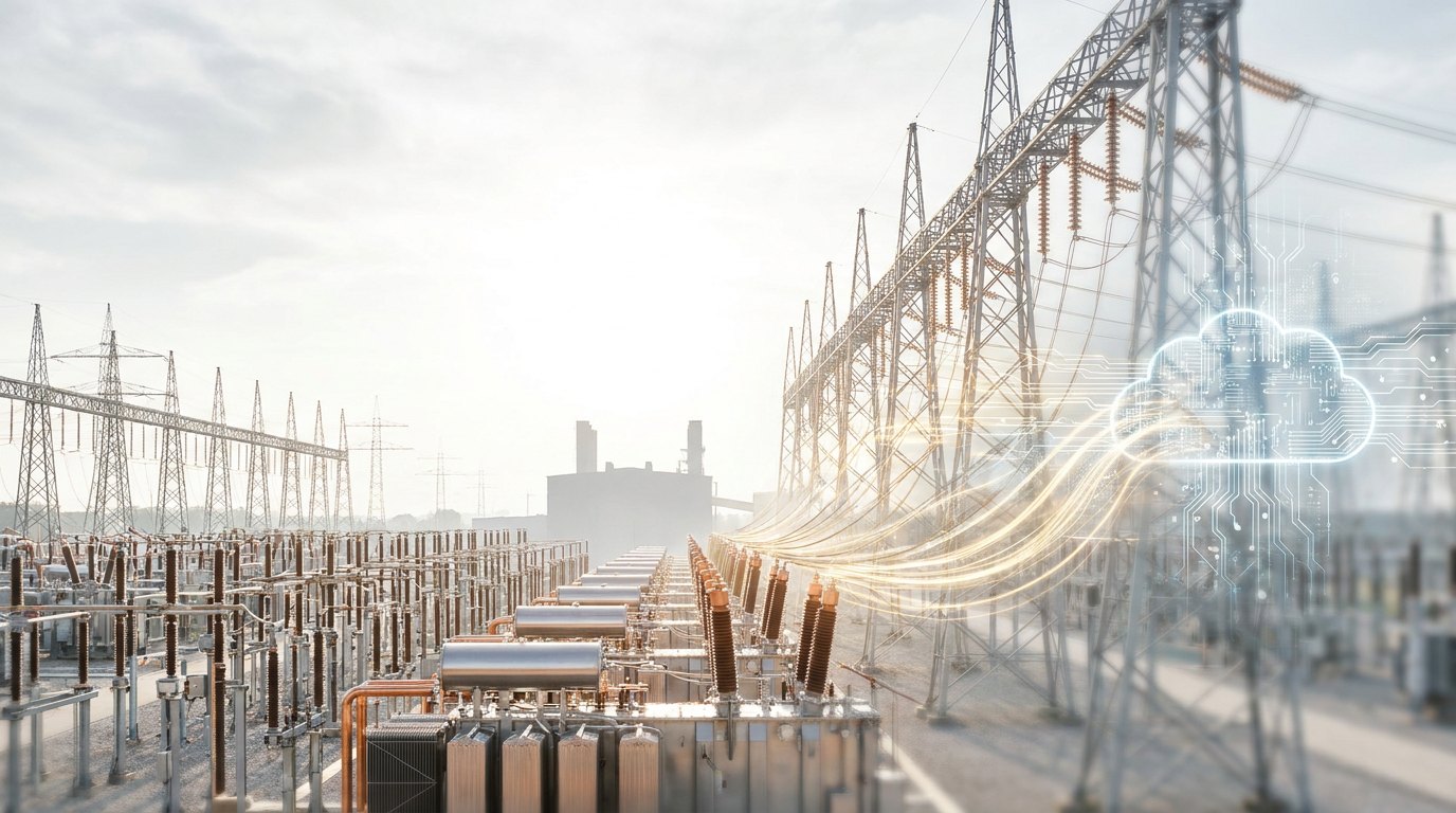 A bright electrical substation — rows of steel-and-copper high-voltage transformers and transmission towers under a white sky, the power on the right dissolving into streams of light and a data-circuit cloud, physical power feeding AI.