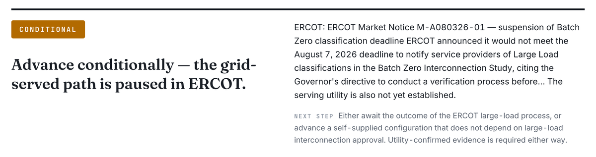 The decision panel for a Dallas address reading advance conditionally because the grid-served path is paused in ERCOT