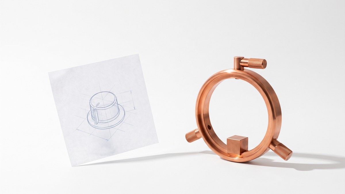 A solid copper loop with three copper levers mounted on it and a copper cube at its center, standing beside a faded blueprint sketch of a single rotary knob: an owned model flow with training, harness and evaluation levers versus a rented API knob