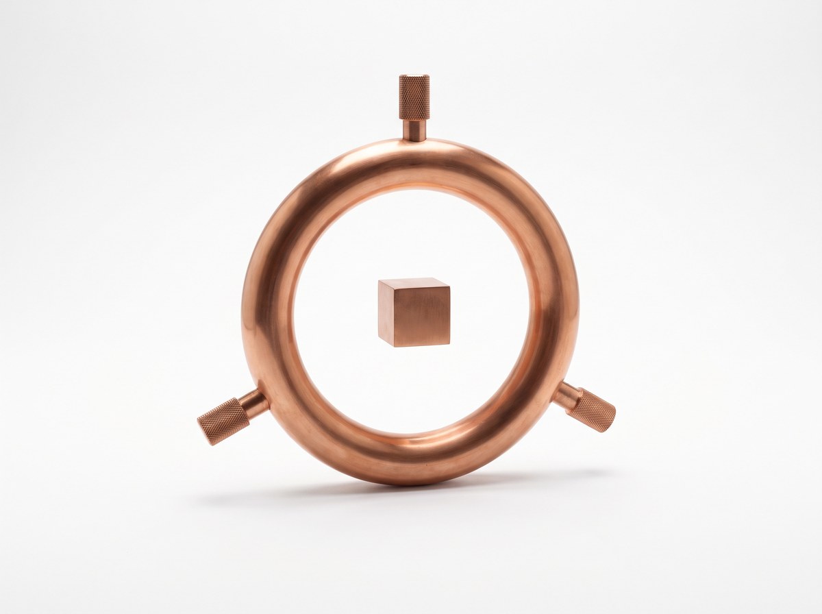 A polished copper ring standing upright with three knurled copper levers at the top, lower left and lower right, and a solid copper cube floating at its center: the loop of training, harness and evaluation around one production model