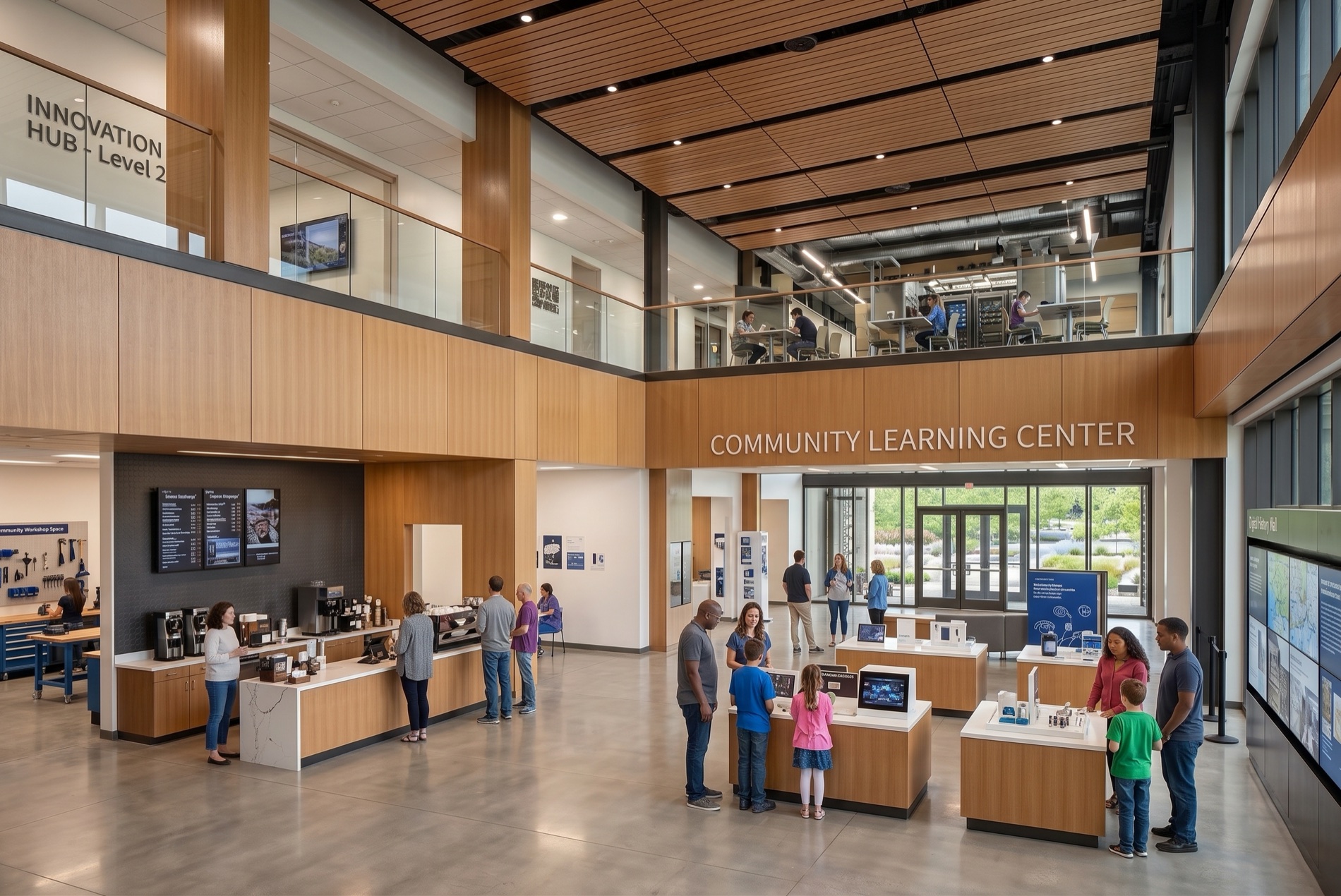 Inside a SAVRN community learning center — café, exhibits, and free AI classes open to the public