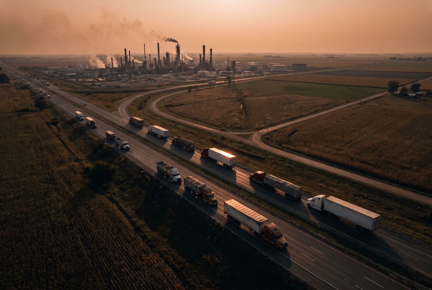 Golden-hour view where a truck highway, an industrial facility, and farmland meet