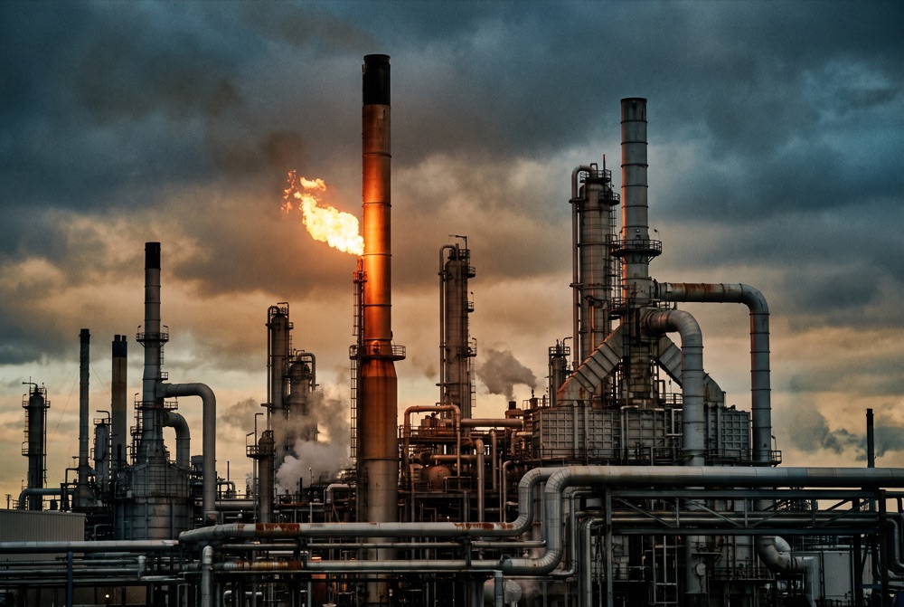 A gas refinery and pipeline complex with a flare at dusk