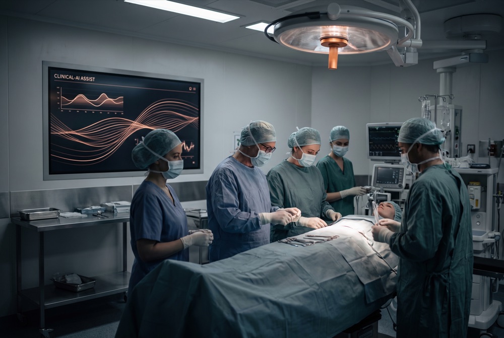 A modern operating room with an ambient clinical-AI screen