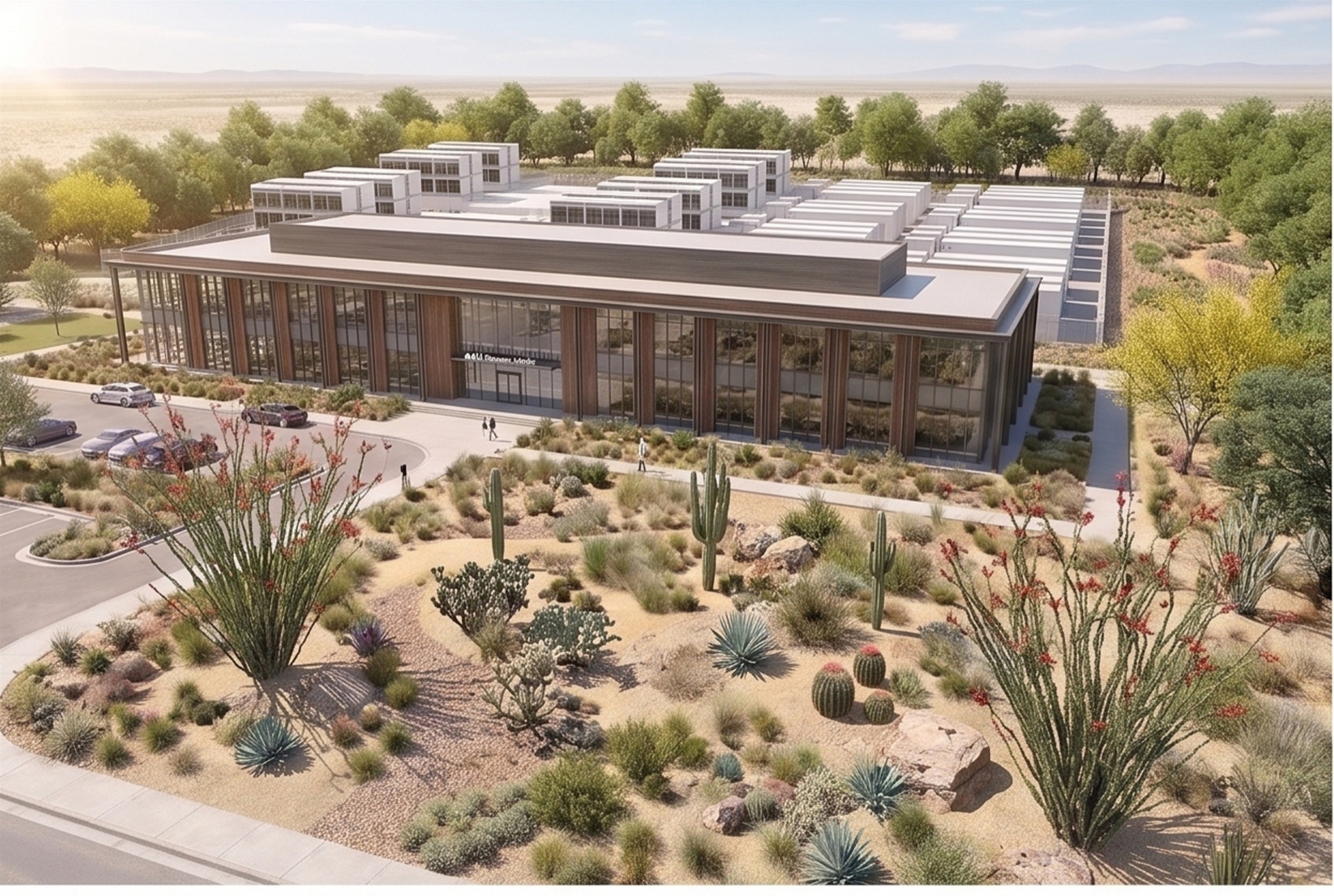 Rendering of the Imperial Valley campus: research and learning center fronting modular compute blocks in the desert