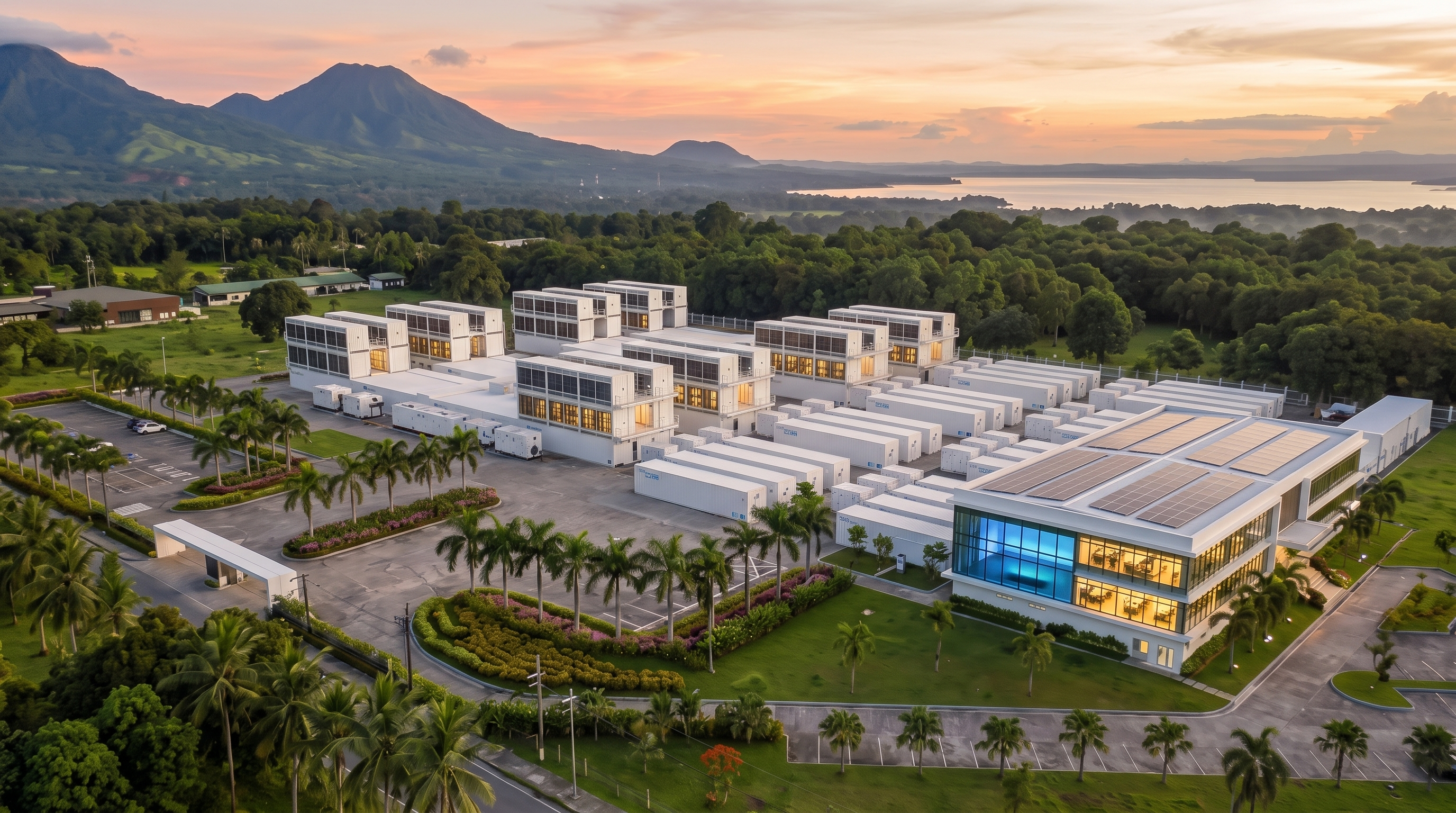 Aerial of the Talino sovereign AI factory and institute in Calauan, Laguna, Philippines at dusk