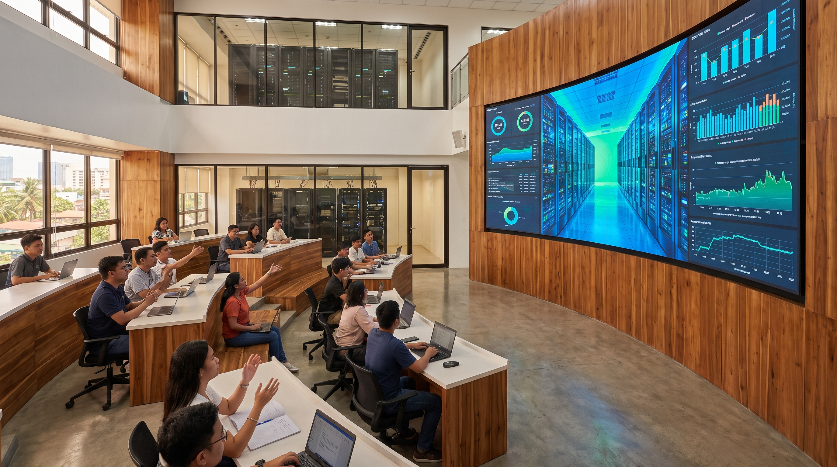 Inside the institute visualization studio with students and a live digital-twin video wall