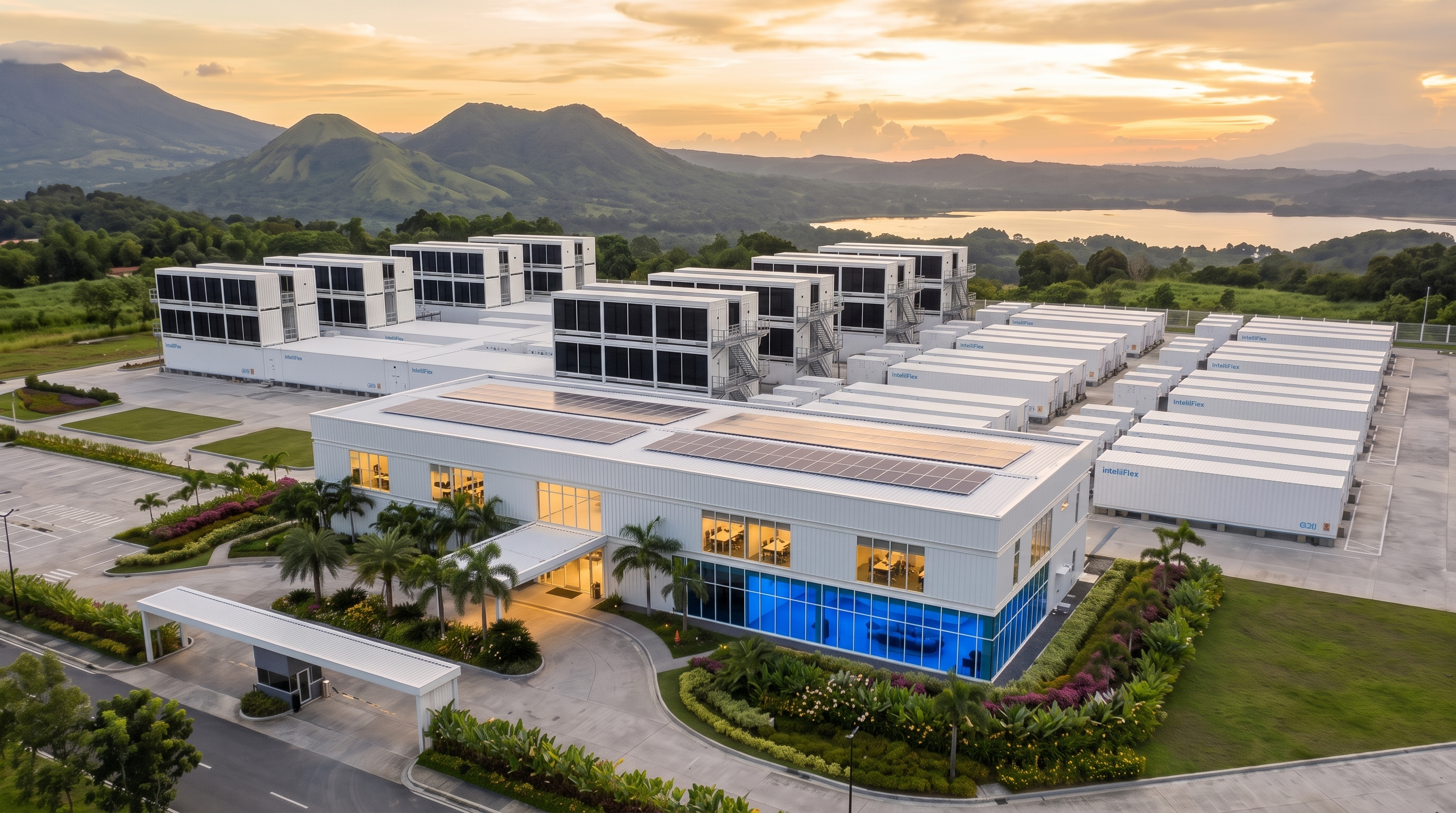 The Sovereign training institute — white building with a blue visualization studio, real OctoPod blocks behind