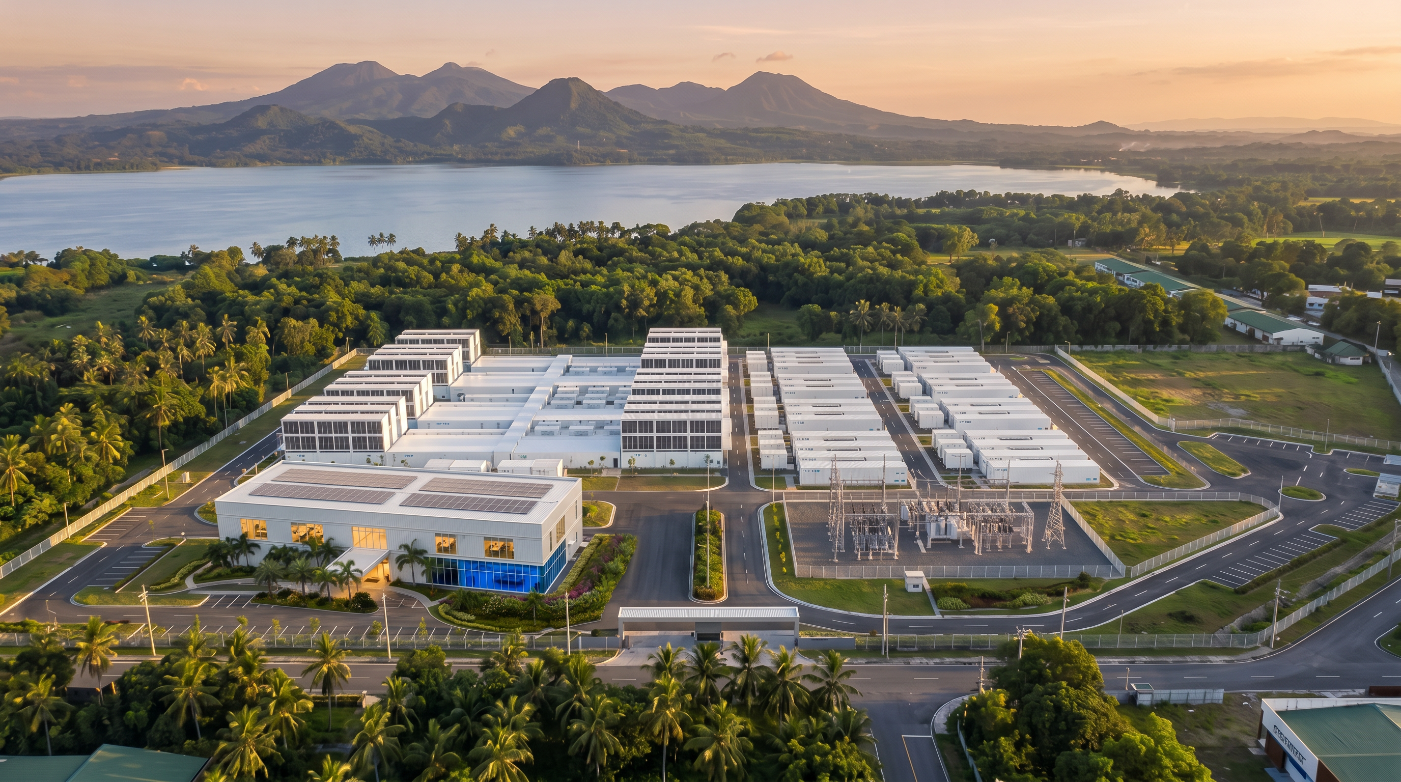 Phased master-plan aerial of the sovereign AI factory campus in Laguna, with the white institute building